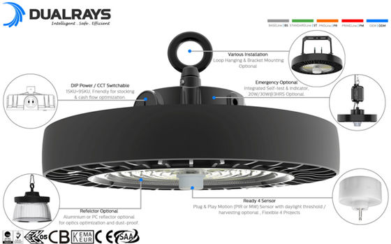 HB4H DIP Schakelbare stroom en 3CCT UFO LED High Bay Light 100W 150LPW met noodfunctie optioneel