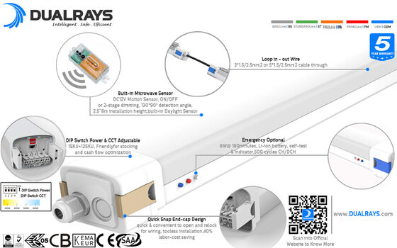 5ft/60W D5 LED Vochtbestendige Lamp met DIP Schakelbare Vermogen/3CCT en 1-10V, DALI, Bewegingssensor, Daglichtsensor, Zigbee en Noodfunctie