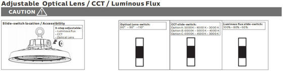 LED Highbay-armatuur met DIP-schakelaar instellingen voor vermogen en kleurtemperatuur met meerdere bundelopties voor industrieel gebruik