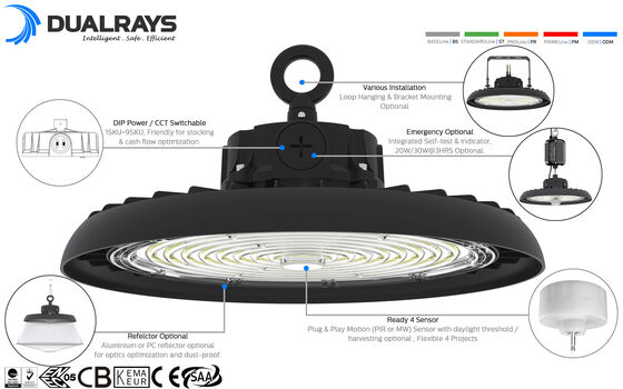 HB3 DIP-schakelbare stroom en 3CCT UFO LED High Bay-lamp 100W 192LPW met voorbereiding voor sensor (PIR/bewegingssensor)