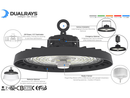 HB3H DIP Schakelbare stroom en 3CCT UFO LED High Bay Light 100W 150LPW met 20W/30W @ 3 uur Noodfunctie optioneel