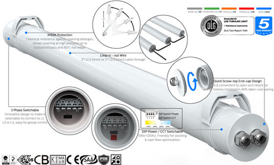 1,5 m 60 W IP69K IK10 MTB7 maritieme LED-buislamp voor dokken en doorgangen met 3 of 5 doorvoerbare bedrading en DIP-schakelbare voeding / 3CCT / 3-fasige wisseling