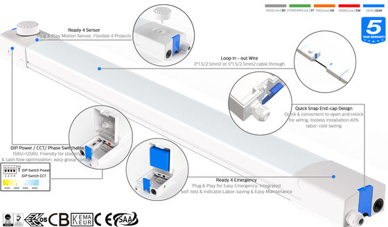 D4 LED-vochtbestendige lamp 160LPW met Ready 4 Emergency 4W@3HRS met DIP-switch power &amp; CCT, betekent 1SKU=48 SKU