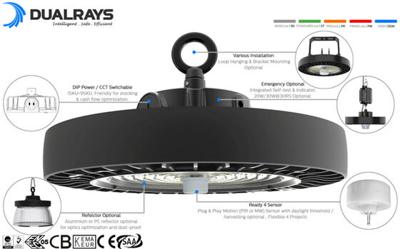 100W 150W 200W DUALRAYS VERLICHTING HB4H UFO LED Hoogbouwlamp 185 Lm/W IP65 IK08 ENEC Dimbare Magazijnverlichting 5 Jaar Garantie