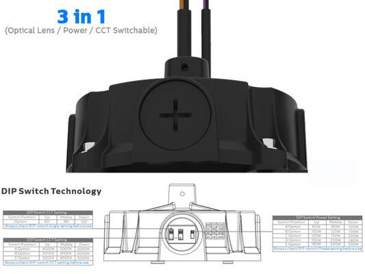 DUALRAYS LIGHTING HB5 Alles-in-één 240W LED UFO hoogbouwlicht 3 CCT en wattage instelbaar IP65 0-10V dimbaar magazijnlicht met Plug-and-Play-sensor