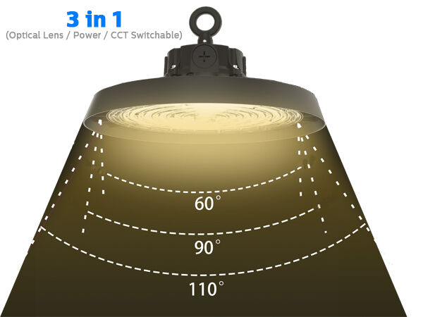 LED Highbay-lamp met DIP-schakelaar voor vermogen en optische lens, met bewegingssensor en daglichtregeling